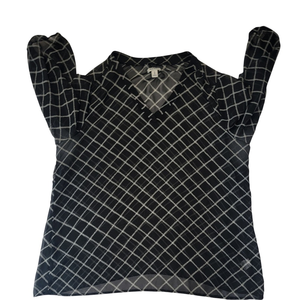 Old Navy Womens XL Sheer Black White Diamond Grid Puff Sleeve V-Neck Blouse Top